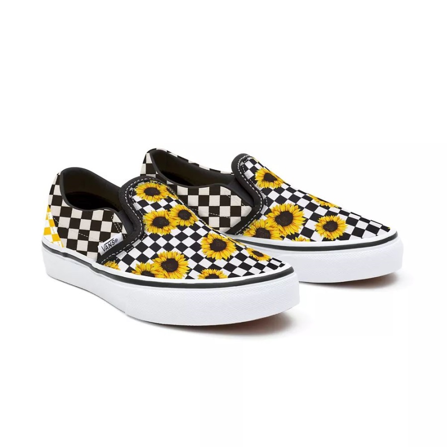 Vans Kids Customs Sunflowers Checkerboard Slip-On Shoes (4-8 Years)