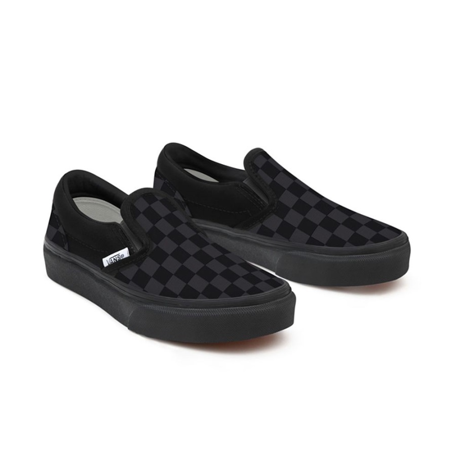 Vans Kids Customs Total Black Checkerboard Slip-On (4-8 Years)