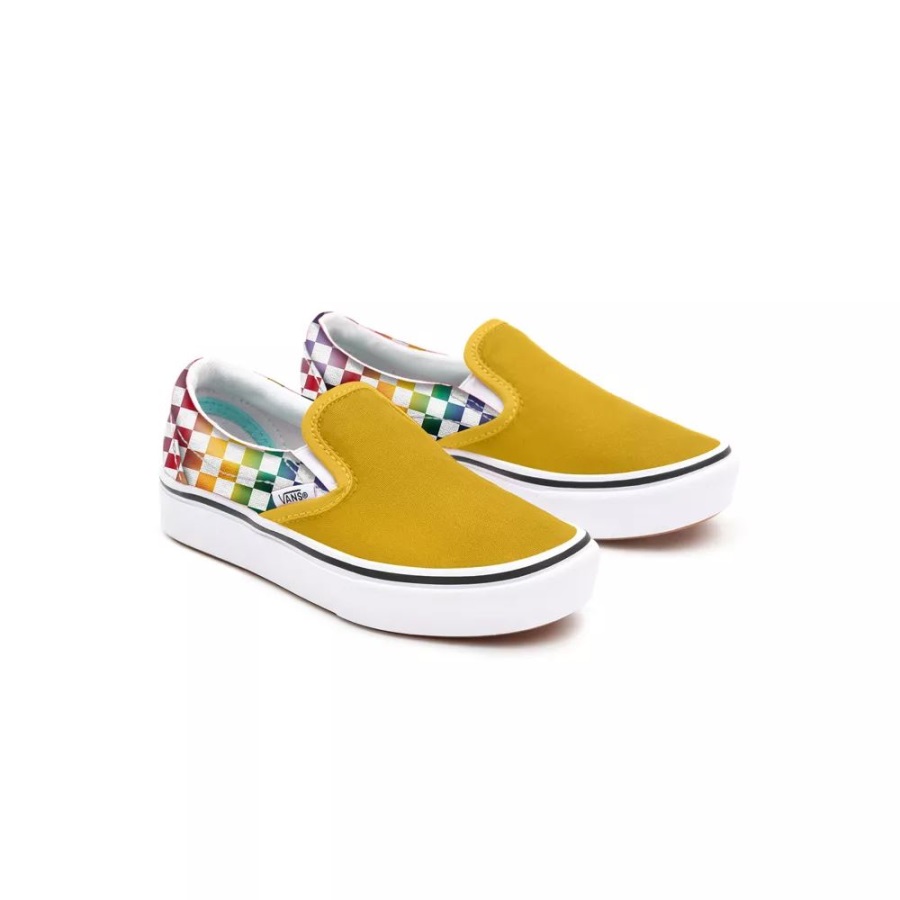 Vans Kids Customs Yellow Rainbow Checkerboard Slip-On Shoes (4-8 Years)